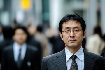 都会の喧騒の中を歩く日本人ビジネスマン（ビジネス・キャリア・経済活動・企業戦略）