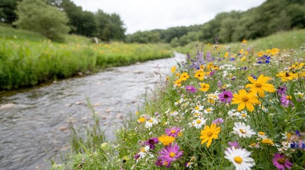Streamside Wildflowers, Summer Meadow, Nature's Beauty, Calm Flow