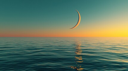 Crescent Moon Over Calm Ocean Sunset Sky