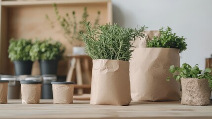 Fototapeta premium Potting Plants in Brown Paper Bags for Sustainable Eco Startup