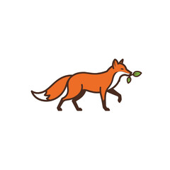 Cartoon Fox Holding Green Leaf in Its Mouth Against White Background