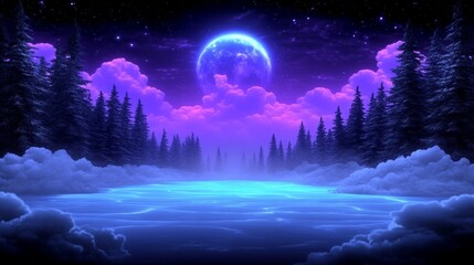 Naklejka premium Enigmatic Moonlight Serenity A Mystical Nightscape with Luminous Full Moon and Forest Reflection Evoking Tranquility and Wonder