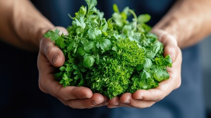 Hands holding fresh herbs, kitchen background, healthy food