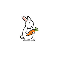 Cartoon Bunny Holding Carrot in Bow Tie on White Background