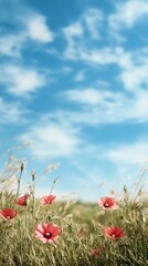 Poppies swaying in summer breeze, blue sky