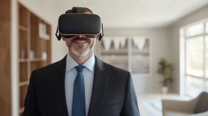 Professional man in formal attire wearing virtual reality headset indoors smiling