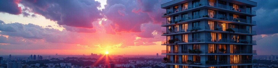 Obraz premium Sleek high-rise condo building facade at dusk, modern architecture, luxury condos