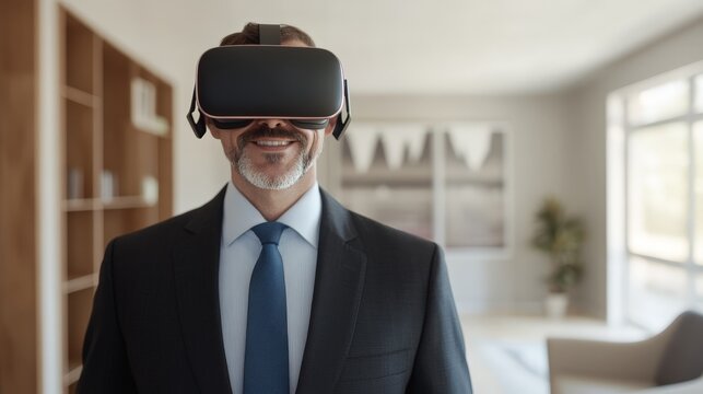 Professional man in formal attire wearing virtual reality headset indoors smiling