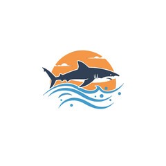 Illustration of Shark Over Ocean Waves at Sunset