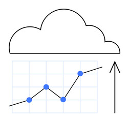 Cloud silhouette above a line graph up with blue data points and an upward arrow. Ideal for data analysis, cloud computing, business growth, progress tracking, technology, financial forecasting