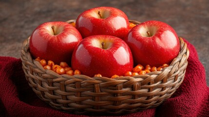 Basket of Red Apples and Sea Buckthorn Berries