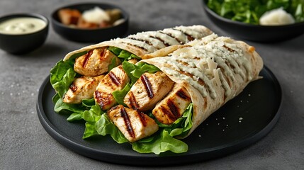 fresh, crispy chicken caesar wrap with grilled chicken, romaine lettuce, parmesan cheese, and Caesar dressing wrapped in a tortilla