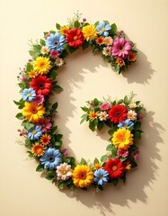 letter, G, floral, flowers, vibrant, colorful, artistic, elegant, design, organic, natural, red, yellow, pink, blue, white, blooms, green, leaves, accents, beige, background, soft, texture, warm, 