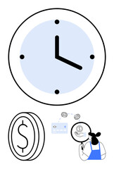Large clock symbolizing time, dollar coin representing currency, person holding a magnifying glass examining a banknote. Ideal for finance, banking, time management, workflow efficiency, financial