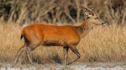 A Stunning Image of a Red Deer gracefully moving through the tall grass, showcasing its vibrant coat and elegant antlers. The deer appears calm and serene in its natural habitat.