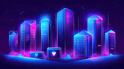 Fototapeta premium Futuristic city skyline at night with neon lights illuminating buildings and a starry sky