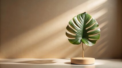 Close-up of a single exotic leaf on a beige presentation stand, showcasing its intricate details and textures, in a studio setting with soft natural light , close-up photography, tropical leaf