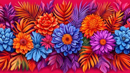 Vibrant Floral Cascade An Artistic Display of Blooming Beauty with Intense Colorful Petals and Botanical Foliage Depicting Nature's Exuberant Palette