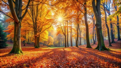 Fototapeta premium Vibrant autumn forest landscape with colorful leaves and trees, sunlit filtering through the canopy, a carpet of fallen leaves at the base , woodland, seasonal change