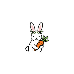 Cute Cartoon Bunny Holding a Carrot with Leafy Headband