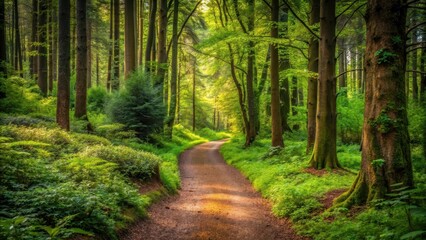 Obraz premium forest path winding through trees and bushes, natural beauty, trails, natural beauty