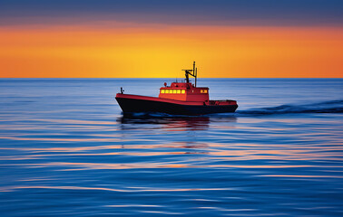 Naklejka premium Stylish illustration of sea waves with blue boat. Boat in the sea.