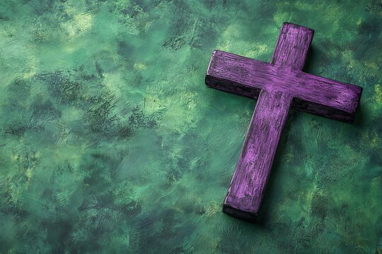 On a green background, a purple wooden cross flat was lying. idea for celebrating the Lenten season and Holy Week. Generative Ai