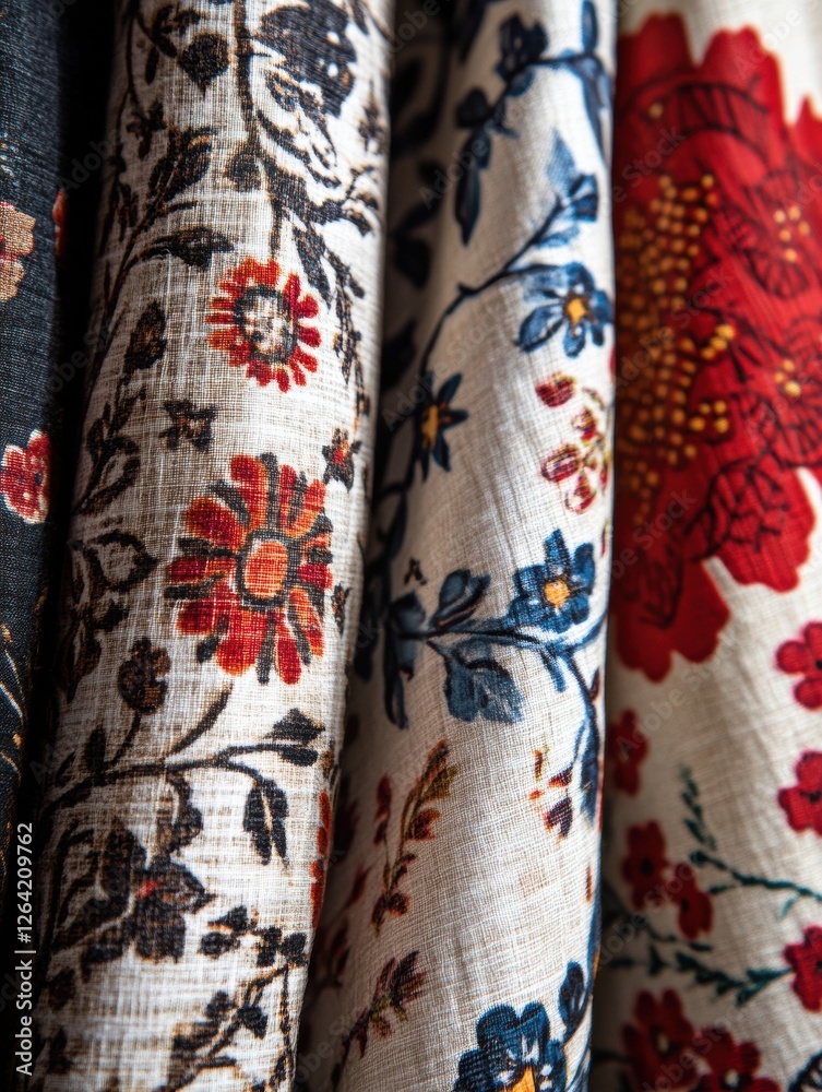 Fototapete close up view of intricate patterned fabrics showcasing floral and geometric designs with space for 