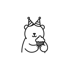Cartoon Bear With Party Hat Holding a Cupcake on White Background
