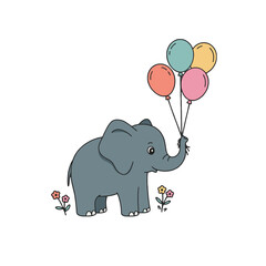 Adorable Elephant Holding Colorful Balloons in a Playful Cartoon Style