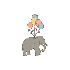Cartoon Elephant Flying with Balloons in Whimsical Illustration