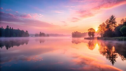 Obraz premium Misty pink sunrise casting a tranquil glow over a serene lake