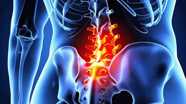 3D X-ray of human lumbar spine with highlighted lower back pain