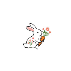 Cute White Rabbit Holding a Carrot with Floral Decorations Around