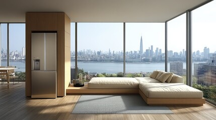 Luxury Apartment with Stunning City View and Modern Refrigerator