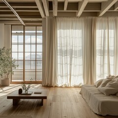 Fototapeta premium Bright and airy living room features natural light and textiles