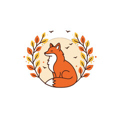 Illustration of a Sitting Fox in an Autumn Themed Decorative Frame