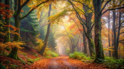 Obraz premium Mysterious woodland path winding through dense autumn foliage shrouded in a mystical misty atmosphere, with towering trees and overgrown vegetation , landscape, autumn