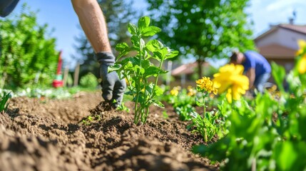 Fototapeta premium Residents Digging and Planting in Vibrant Community Garden