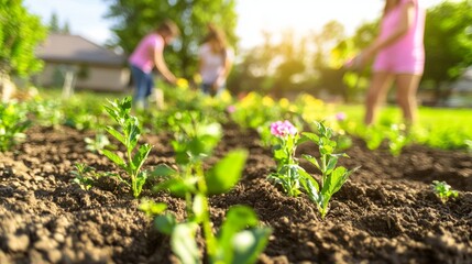Residents Planting Flowers in Garden During Sunny Day