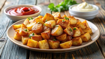Fototapeta premium Crispy golden brown breakfast potatoes piled high on a plate with a side of tangy ketchup or sour cream, breakfast potatoes,