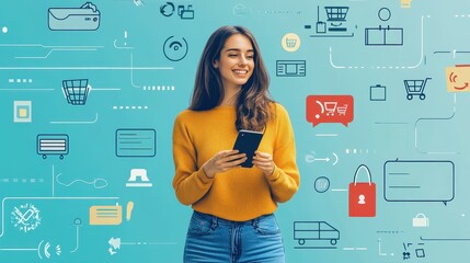 Shopper using voice command to purchase online, advanced e-commerce tech. 