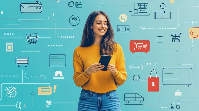 Shopper using voice command to purchase online, advanced e-commerce tech. 