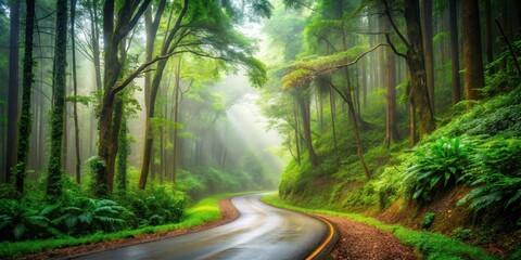 Fototapeta premium A winding forest road with a misty atmosphere and lush greenery surrounding it