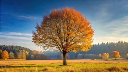 Fototapeta premium A tall, slender tree with bare branches and a single leaf on its tip in autumn foliage, nature, landscape, nature, landscape