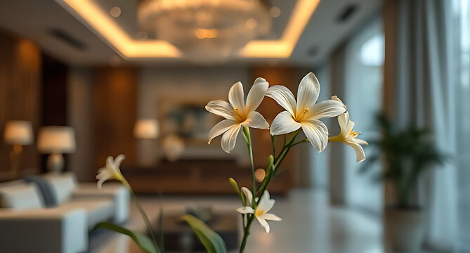 A high-quality shot of Hatai Yatthip flowers in a modern, elegant interior with subtle, diffused lighting, creating room