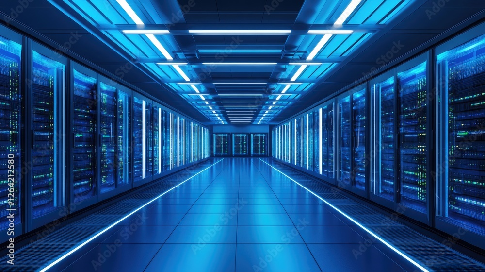 Poster A futuristic data center with illuminated server racks and blue neon lighting. Ideal for cloud computing, cybersecurity, and high-tech infrastructure visuals