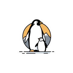 Illustration of Parent Penguin and Chick with Mountain Background