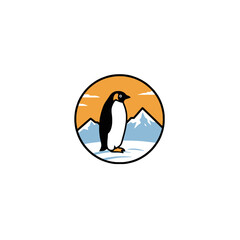 Penguin Standing Amid Snowy Mountains at Sunrise in Circular Frame Illustration