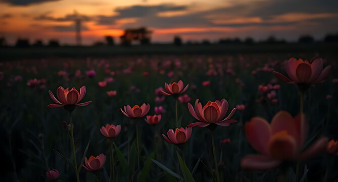 A dramatic scene with Hatai Yatthip flowers in a field at dusk, rich colors 